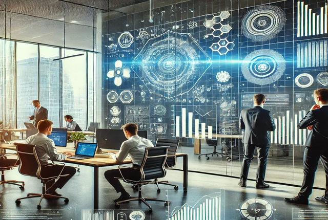 Scène de travail collaboratif dans un bureau moderne, avec des écrans numériques affichant des données analytiques et graphiques futuristes, symbolisant l'innovation et la technologie.